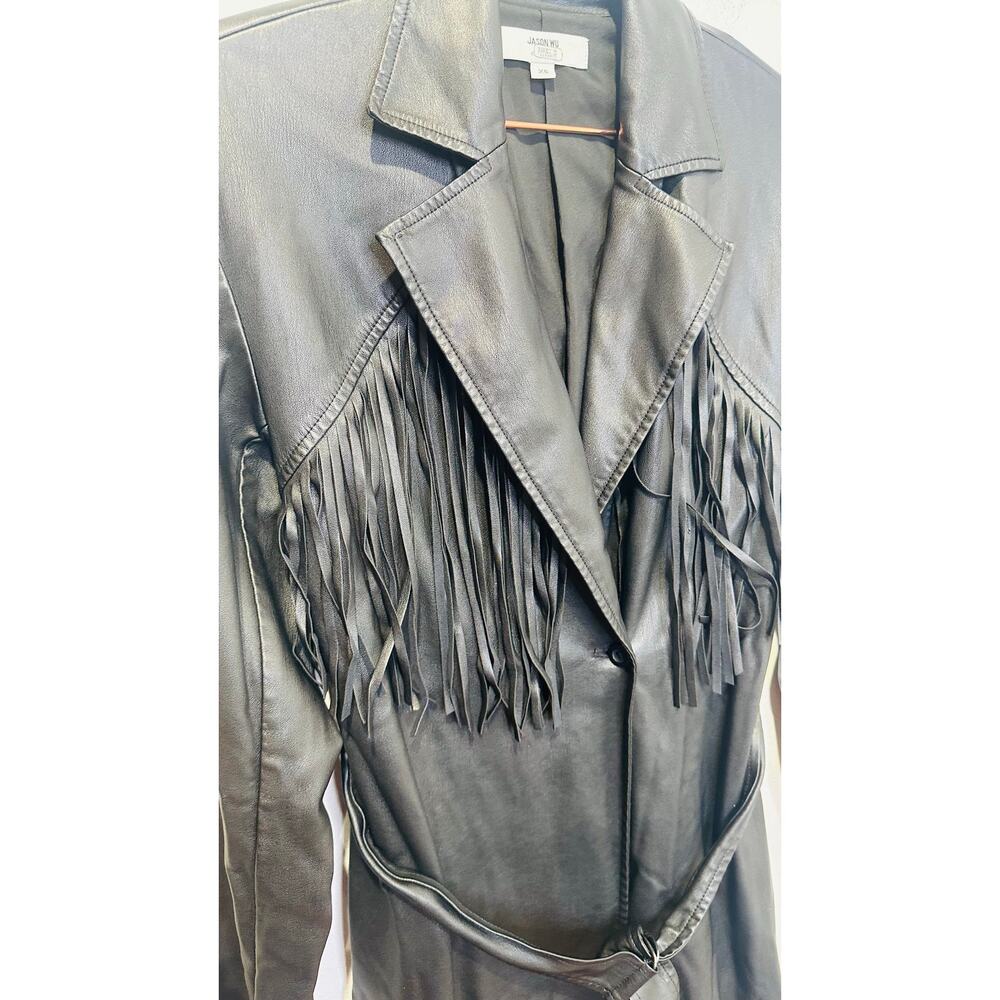 JASON WU Black Faux Leather Long Fringe Trench Style Tie Waist Jacket size XS - Picture 8 of 16